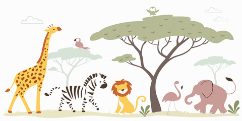 Group of Wild Animals, Zoo, Silhouette, Colourful Shape. Vibrant Safari Wildlife Illustration – Exotic Animals in African Savannah.