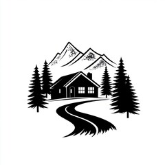Mountain Home Retreat Black and White Serene Landscape Vector Illustration