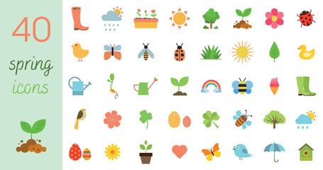 A large set of 40 spring icons, objects, things, elements. Spring stickers for posters and greeting cards. Hello spring. Hand drawn vector illustration. 