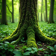 Obraz premium Dense foliage surrounds a moss-covered tree trunk, greenery, forest floor