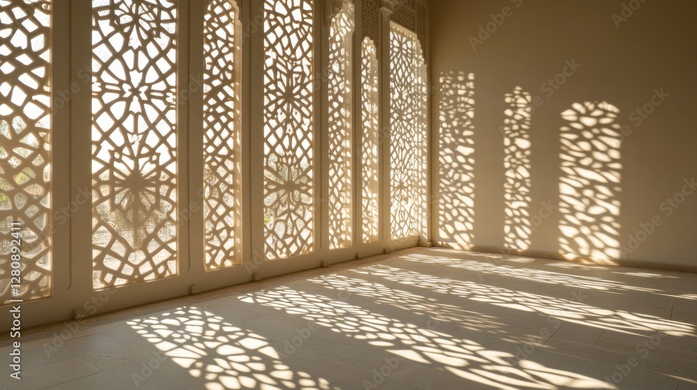 Aufkleber Sunlight filters through ornate patterns on the wall, creating stunning shadow designs on the floor. The warm glow enhances the serene ambiance, highlighting the craftsmanship