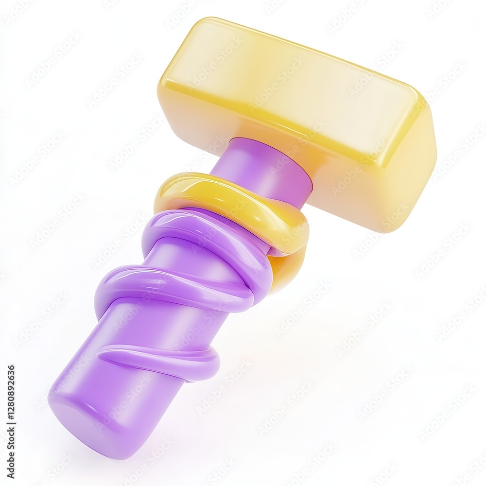 Poster a colorful 3d rendering of a screw and nut with a playful design, combining vibrant yellow and purpl