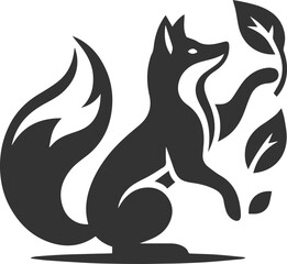 A fox playing with a fallen leaf animal vector silhouette
