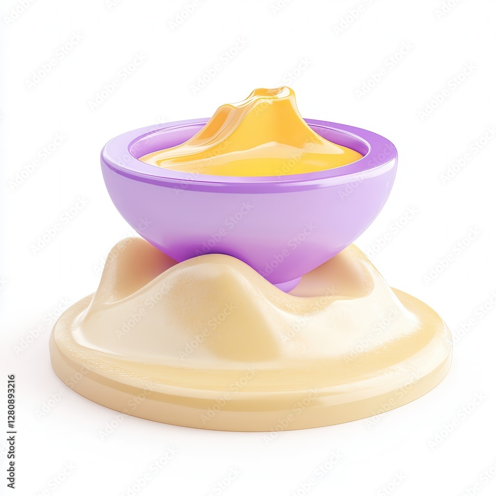 Poster a stylized 3d rendering of a bowl of yellow substance atop a smooth base, designed in soft colors.