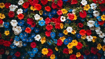 Bright red, white, blue, and yellow flowers covering a vibrant wall, photographed in high-definition