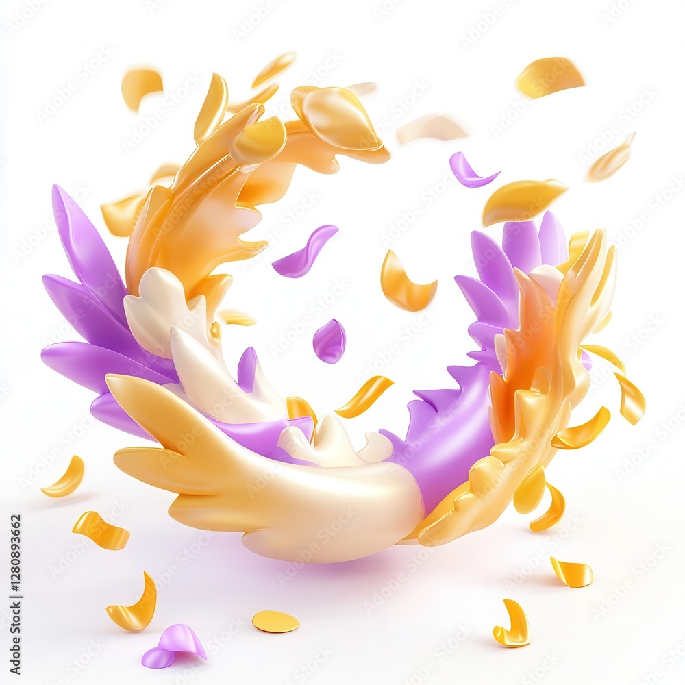 Poster a colorful abstract design with fluid shapes and petals scattered around in a dynamic arrangement.