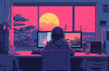 Cyberpunk workspace with programmer working at dual monitors during sunset
