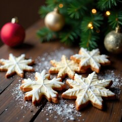 Frosty snowflakes made of biscuits on a wooden table near Christmas tree, festive, biscuits, wooden table