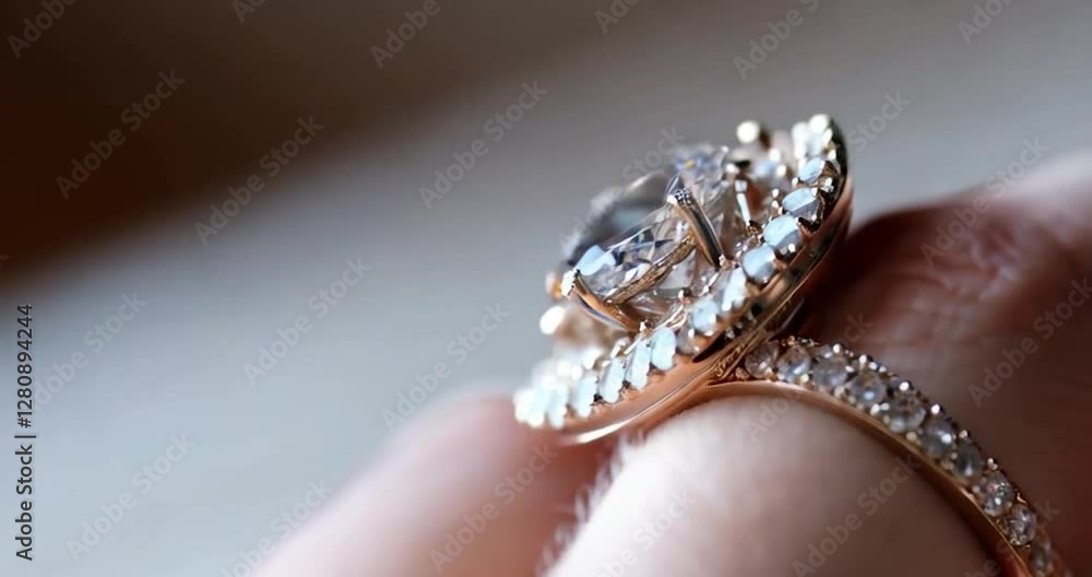 Poster close up of hand holding a ring with a diamond on white background with soft focus