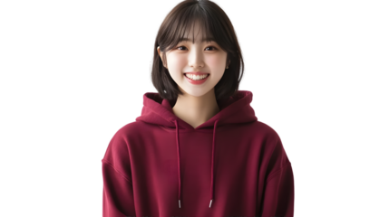 Portrait of a happy beautiful korean hair bang style, wearing a red maroon hoodie sweater and jeans, front view, mockups