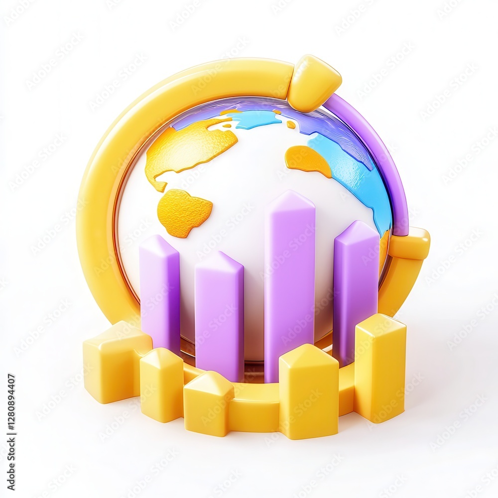 Poster a colorful 3d globe with bar graphs representing data and analytics, showcasing a vibrant blend of y