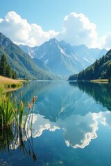 Naklejka premium Gently swaying reeds in shallow lake mirror serene sea mountains reflected perfectly, stillness, mirrored