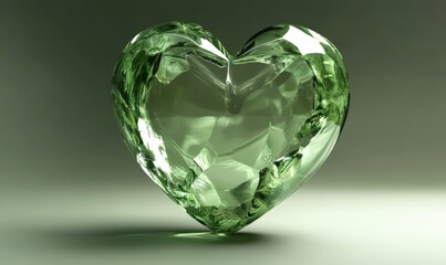 Fototapeta premium A beautifully crafted green crystal heart sculpture reflecting light in a serene setting