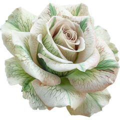 Obraz premium Close-up of white and green rose to show intricate stripe petals and vibrant leaves, perfect for floral enthusiasts seeking serene beauty. Flower element isolated on white or transparent background