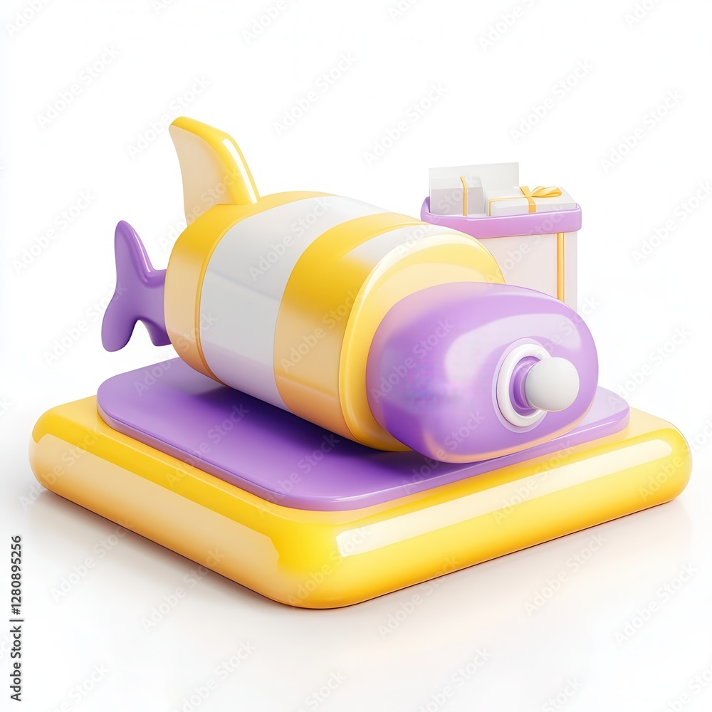 Poster a colorful 3d modeled object resembling a cartoonish fish on a square base with gift.