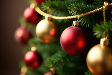 Naklejka premium Golden and red Christmas tree decorations hanging in a row, decorations, garland