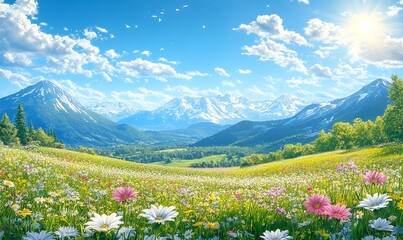 Fototapeta premium Anime Nature Landscape with Sunlit Meadow, Snowcapped Mountains, and Flowering Fields on a Bright Summer Day