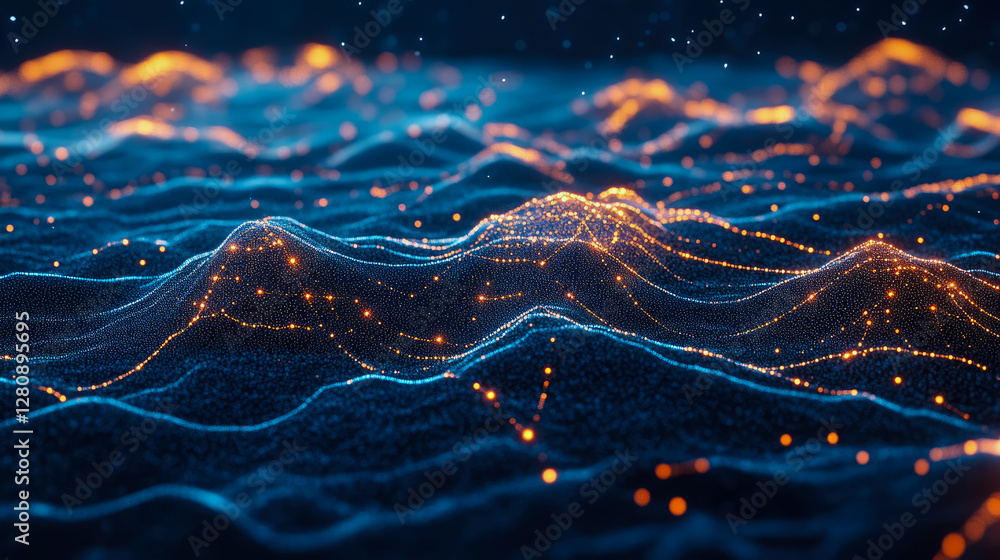 Poster network topology: abstract depiction of interconnected data points flowing across a glowing digital 