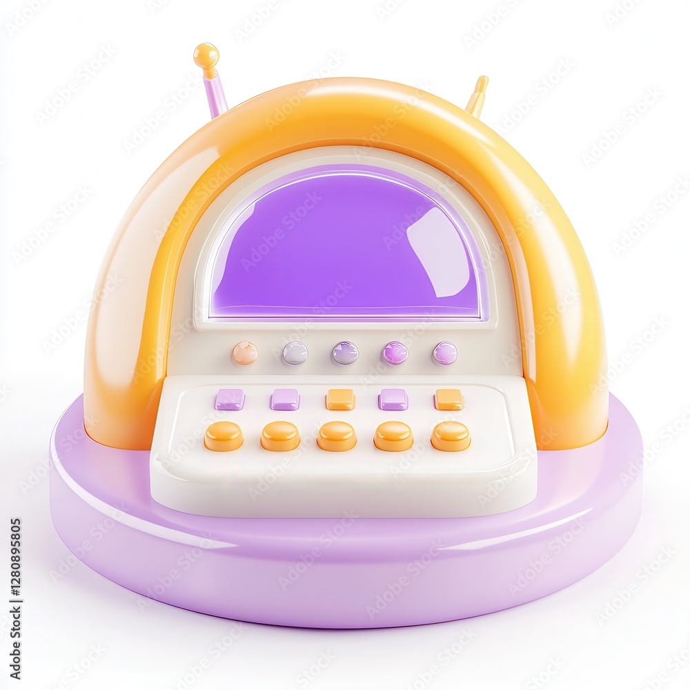 Poster a colorful retro-inspired device with buttons and an arched design in pastel colors.