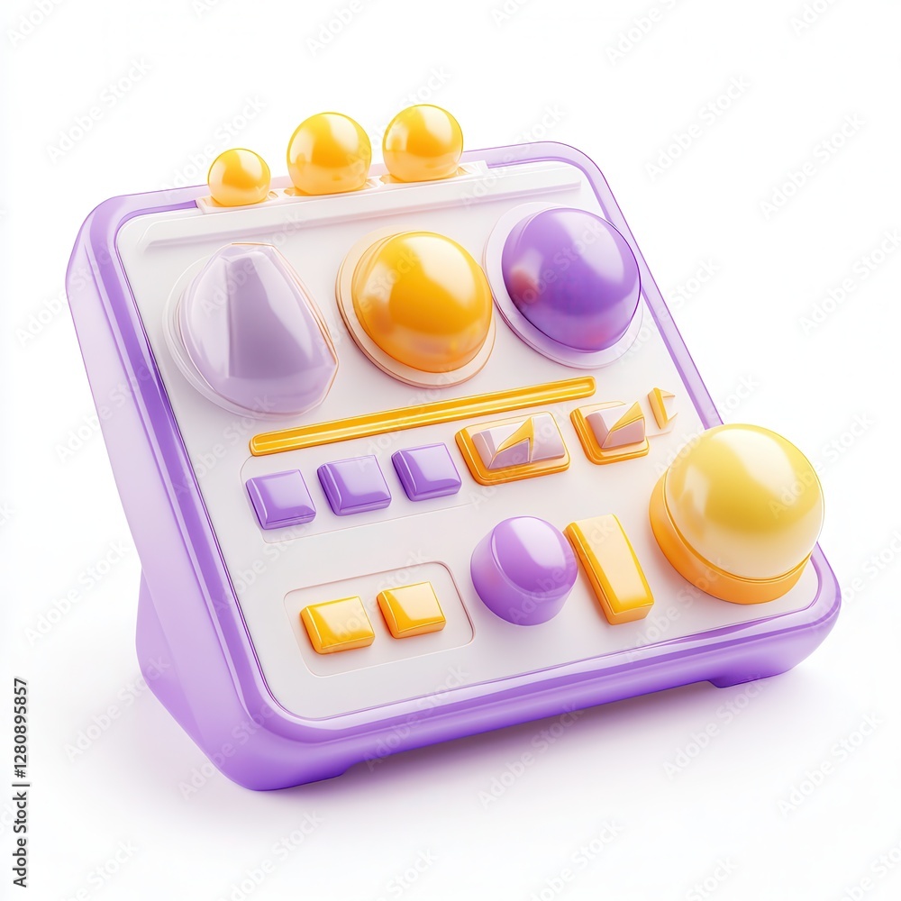Poster a colorful 3d rendering of a control panel with various buttons and knobs in purple, yellow, and ora