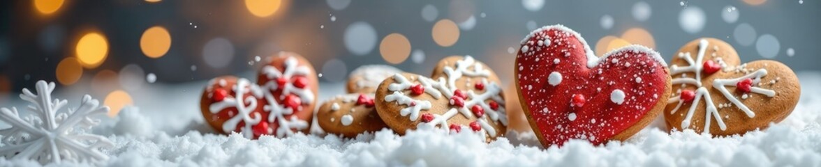 Fototapeta premium Heart-shaped gingerbread cookies on snowy scene, snowflakes, winter wonderland, baking