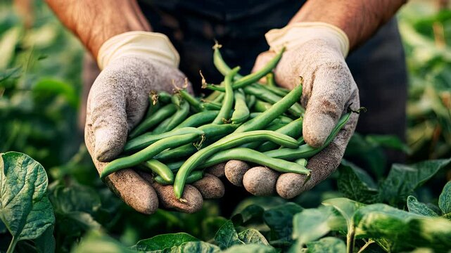 Close-up shot of hands holding green beans in a field