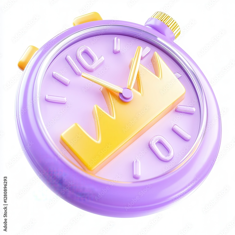 Poster A colorful 3D rendering of a stopwatch with a crown design, showcasing a purple and yellow color scheme.
