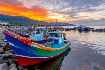 Fototapeta premium Fishing village with snow mountain at sunrise