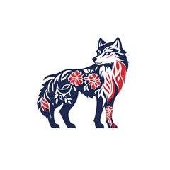 Ornate Floral Wolf Silhouette Dark Blue and Red Design