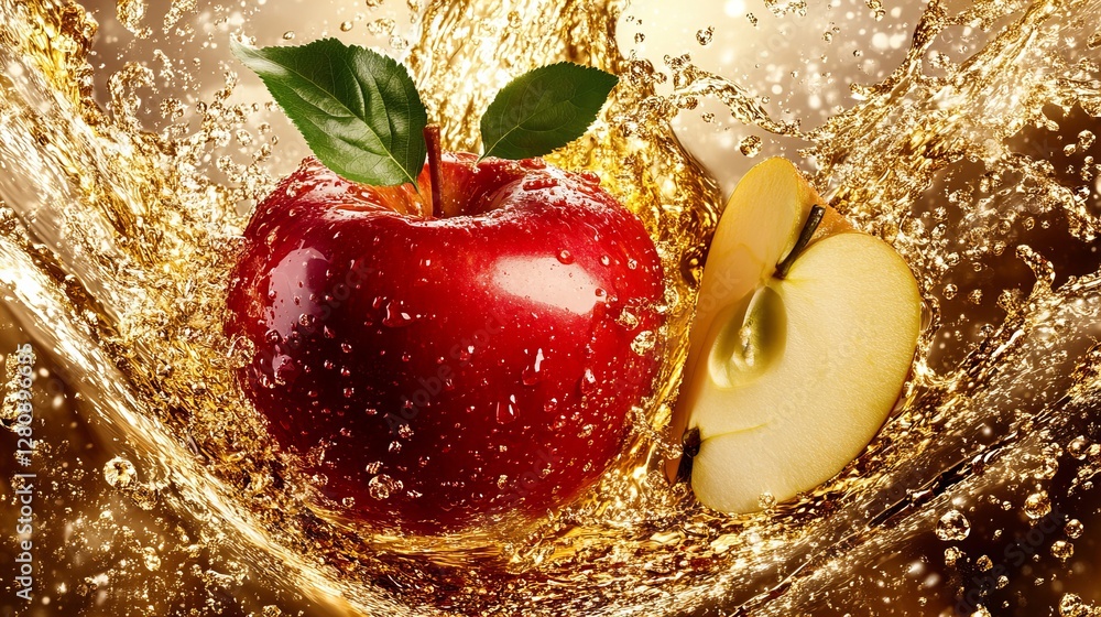 Poster a vibrant red apple emerges from a splash of golden liquid, creating a refreshing image.