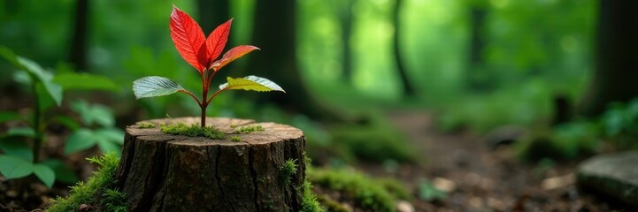 Kratom plant with red leaves on a wooden stump, forest, jungle, wood