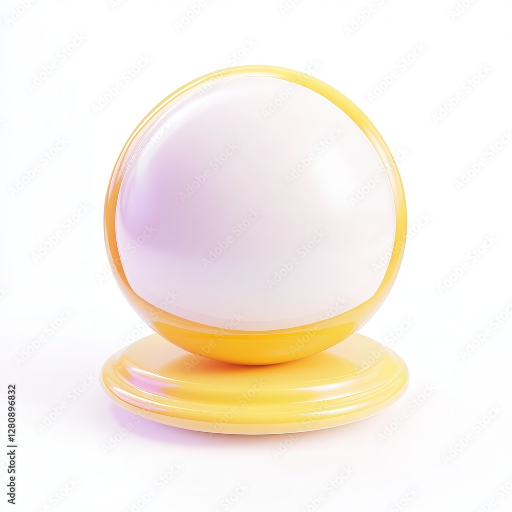 Poster a glossy yellow sphere with a smooth surface sits on a flat circular base, reflecting light and crea
