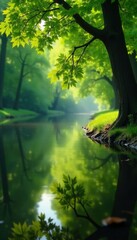Naklejka premium Leaves of a tree reflected in the smooth surface of a quiet stream beside a tree, tree, peaceful, serene