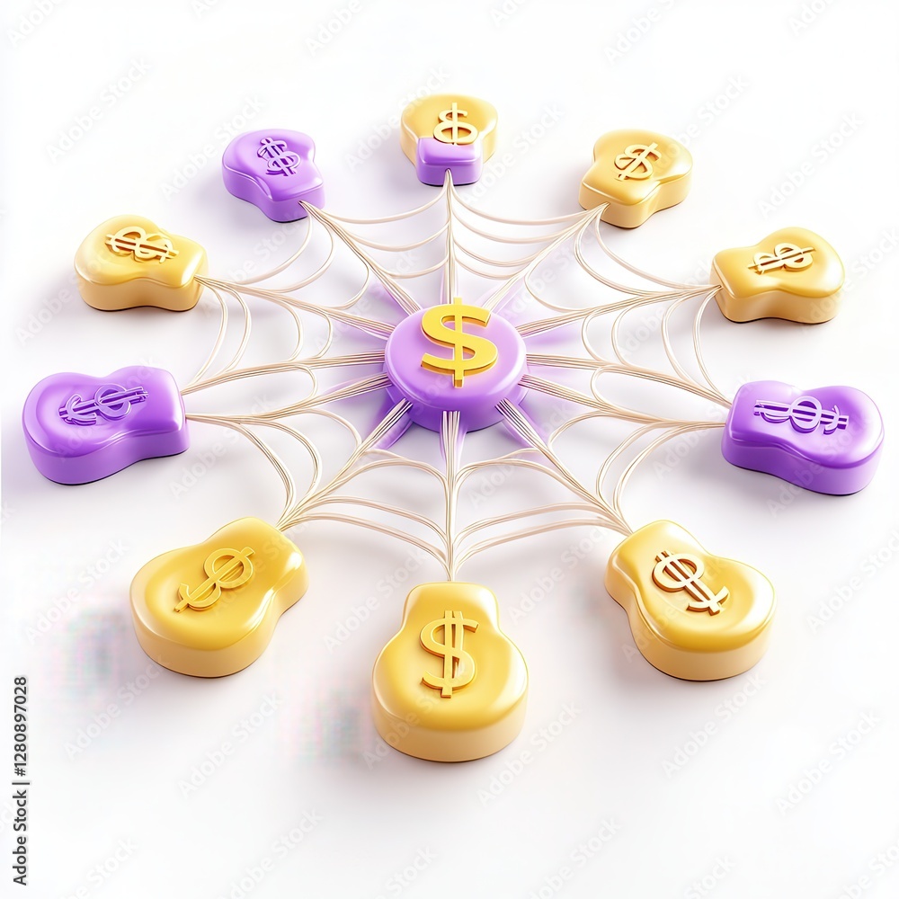 Poster a colorful 3d representation of financial connections with dollar symbols and a web-like structure.