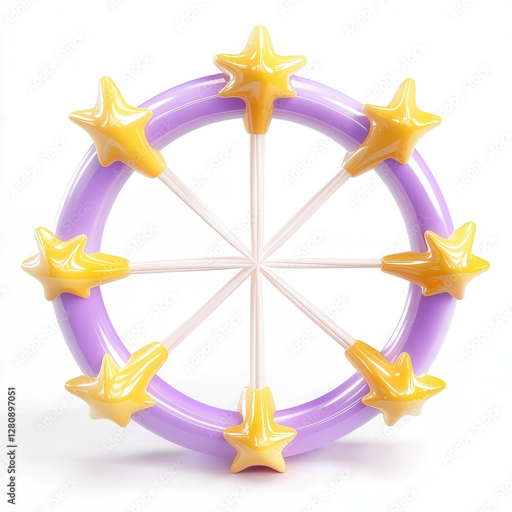 Poster a colorful 3d render of a ring with stars, designed in vibrant yellow and purple, creating a playful