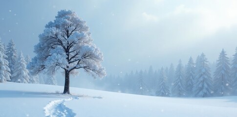 Lone tree stood tall amidst a blanket of white, snowfall, snowcovered trees, snowy forest