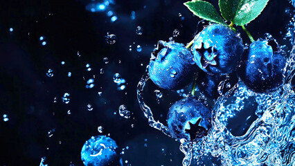 Cluster of fresh blueberries with water droplets. Macro photography showcases the detailed texture of the berries. Title