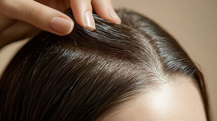 Close-up of a woman's scalp showing hair and skin.