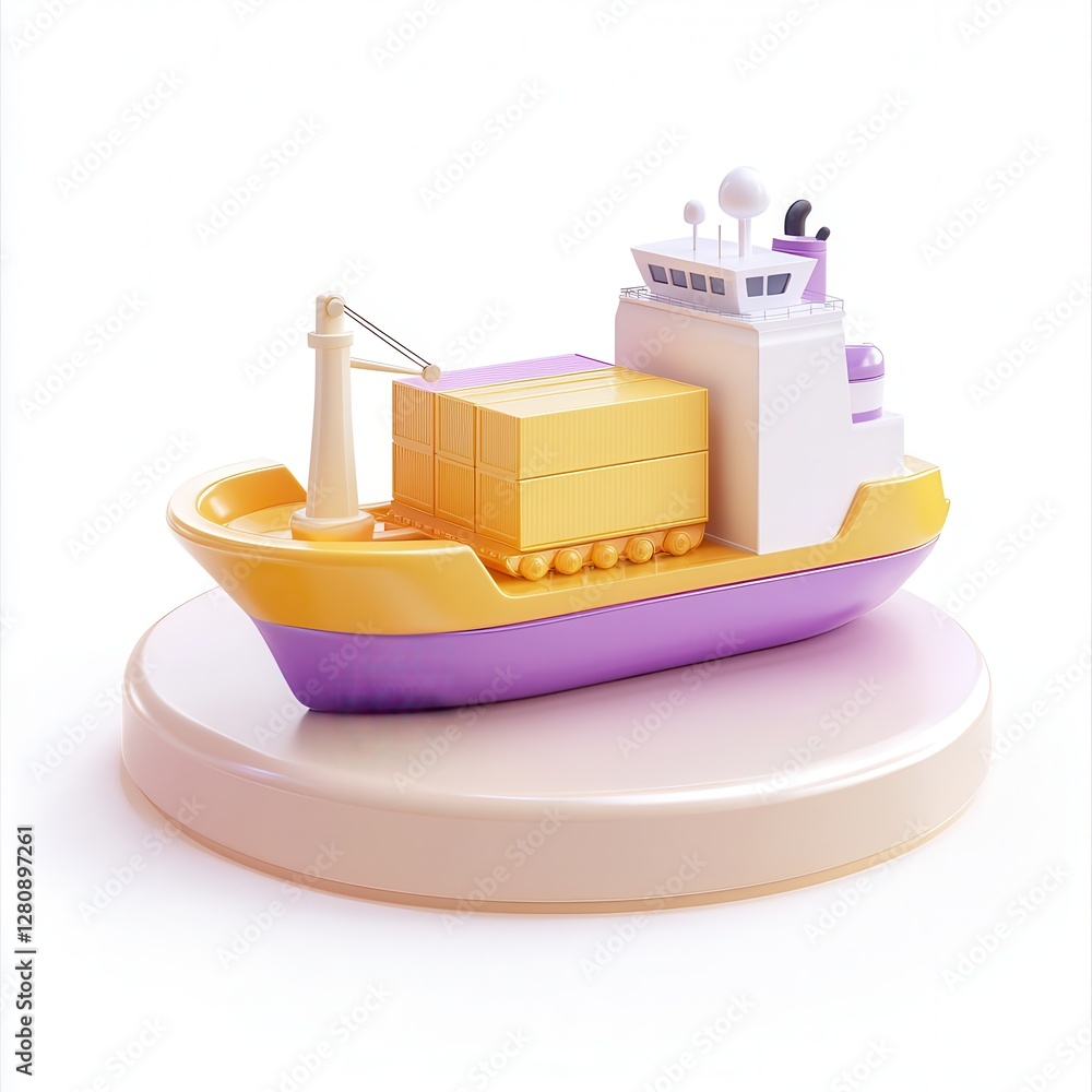 Poster a colorful 3d model of a cargo ship with containers on a circular base.
