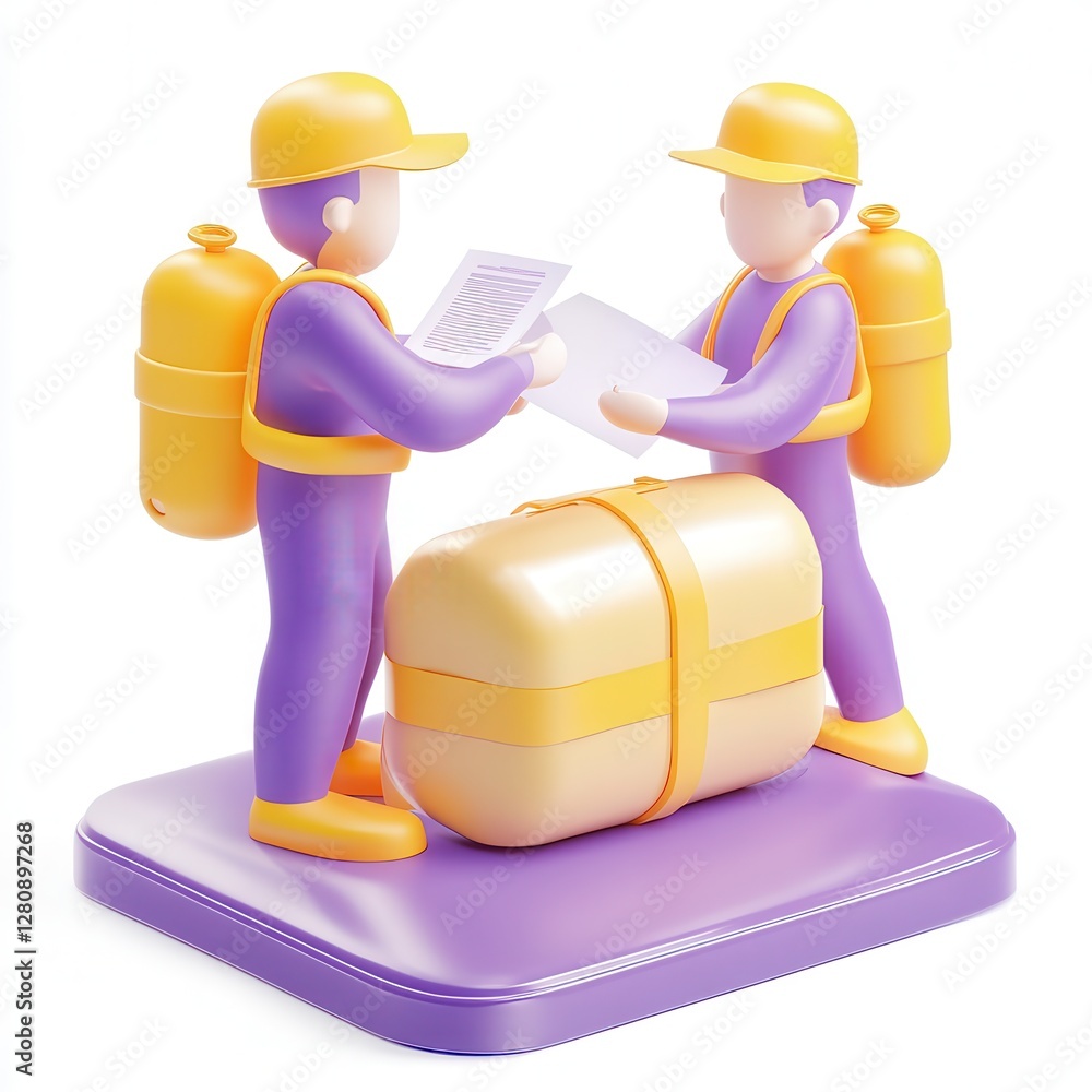 Aufkleber two delivery workers discussing a package while standing on a colorful base, featuring a modern and 