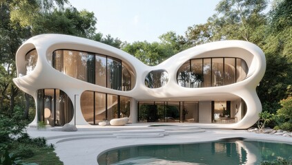 Fototapeta premium Fluid Architectural Design: A Modern Villa Nestled in Lush Greenery
