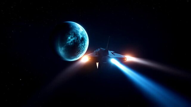 A sleek, dark spaceship flies through space, with a large, blue-tinged planet in the background. Bright engine exhaust trails behind the ship, indicating high speed. 