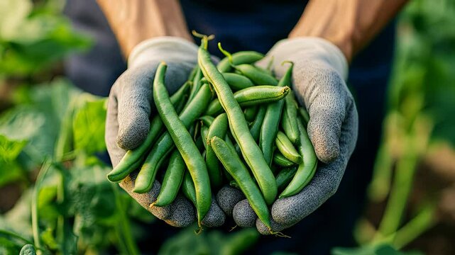 Hands holding a handful of fresh green beans in an open field