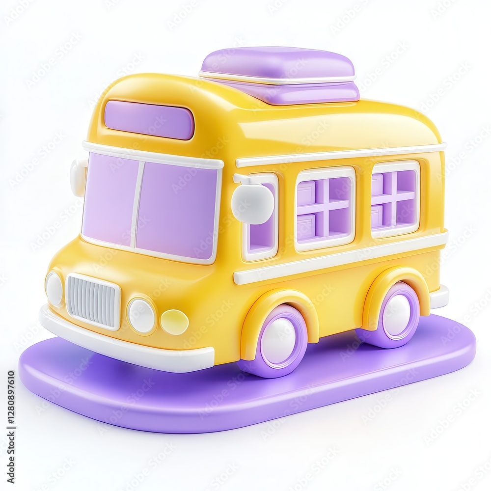 Poster a colorful 3d bus model featuring yellow and purple design, ideal for graphics and animations.