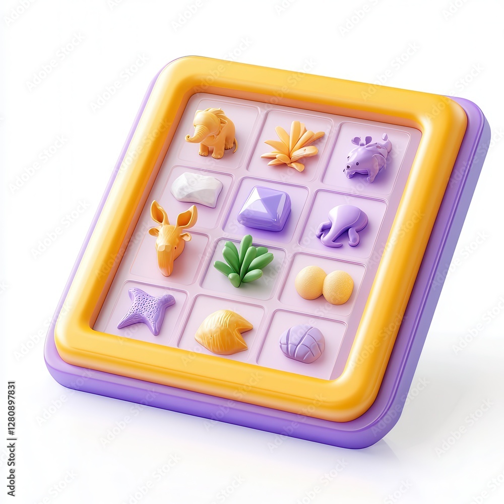 Poster colorful 3d memory game board featuring various animal shapes and plants arranged in a grid pattern.