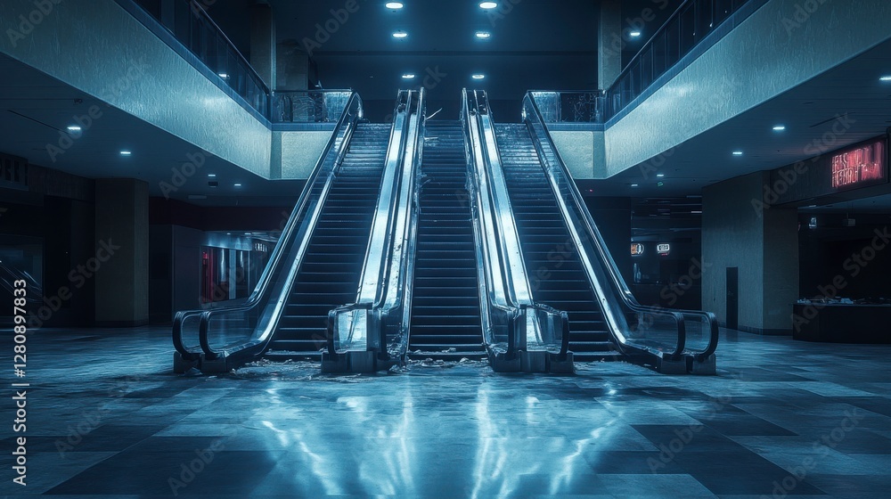 Poster a deserted indoor space featuring illuminated escalators reflecting on the shiny floor, creating an 