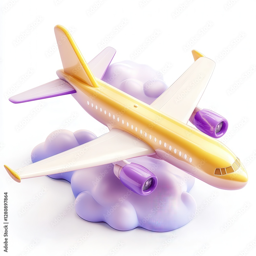 Poster a colorful 3d airplane model resting on fluffy clouds with a vibrant design and purple engines.