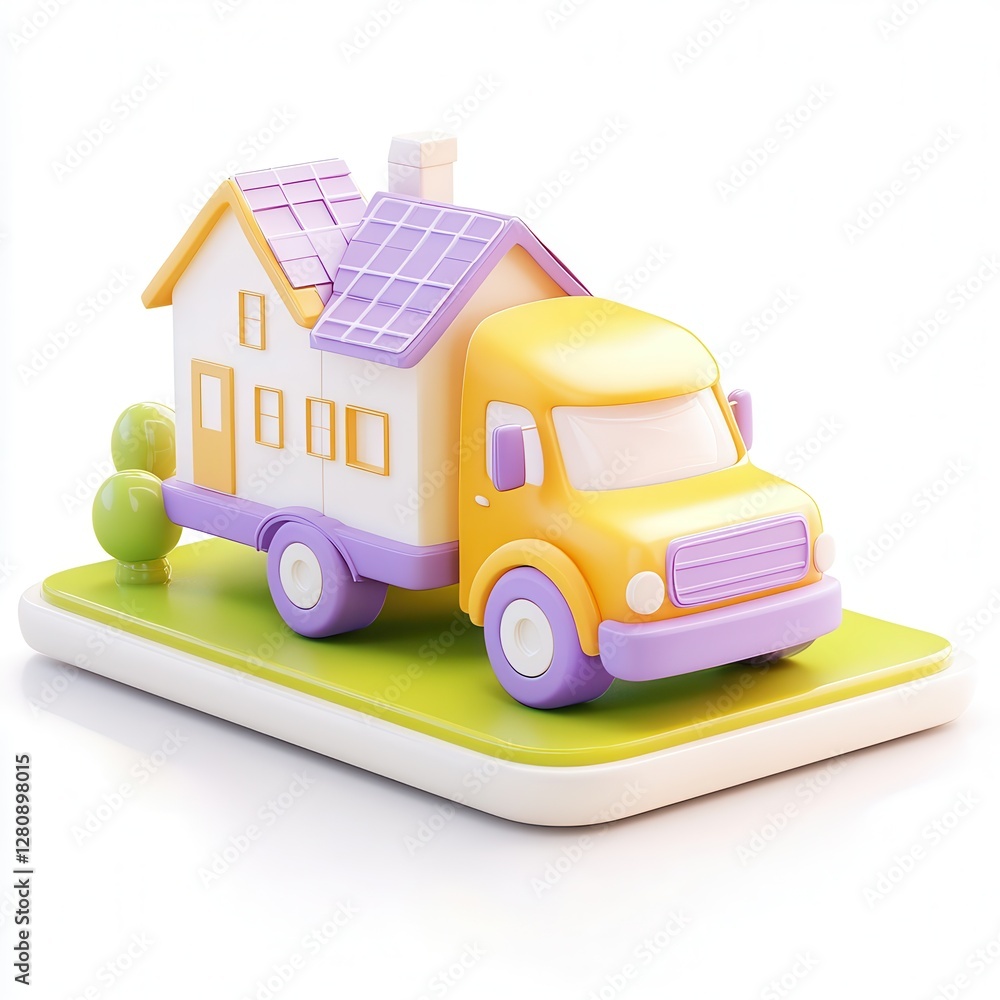 Poster a colorful 3d model of a truck transporting a house with green elements on a platform.