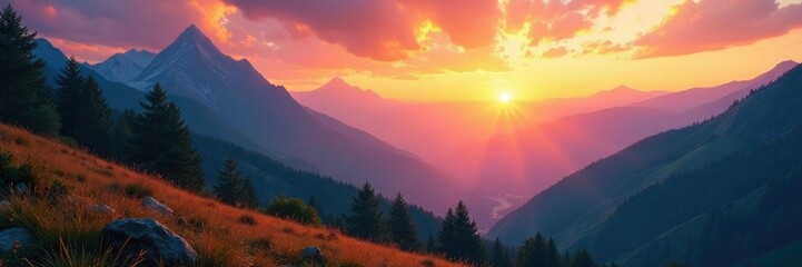 Obraz premium Morning sunrise in mountain valley with galaxy heaven above, peaceful, nature, sky