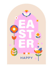 Happy Easter spring poster in modern geometric abstract style. Holiday covers, posters, banners, greeting card with bunny, egg and flowers in bright colors.